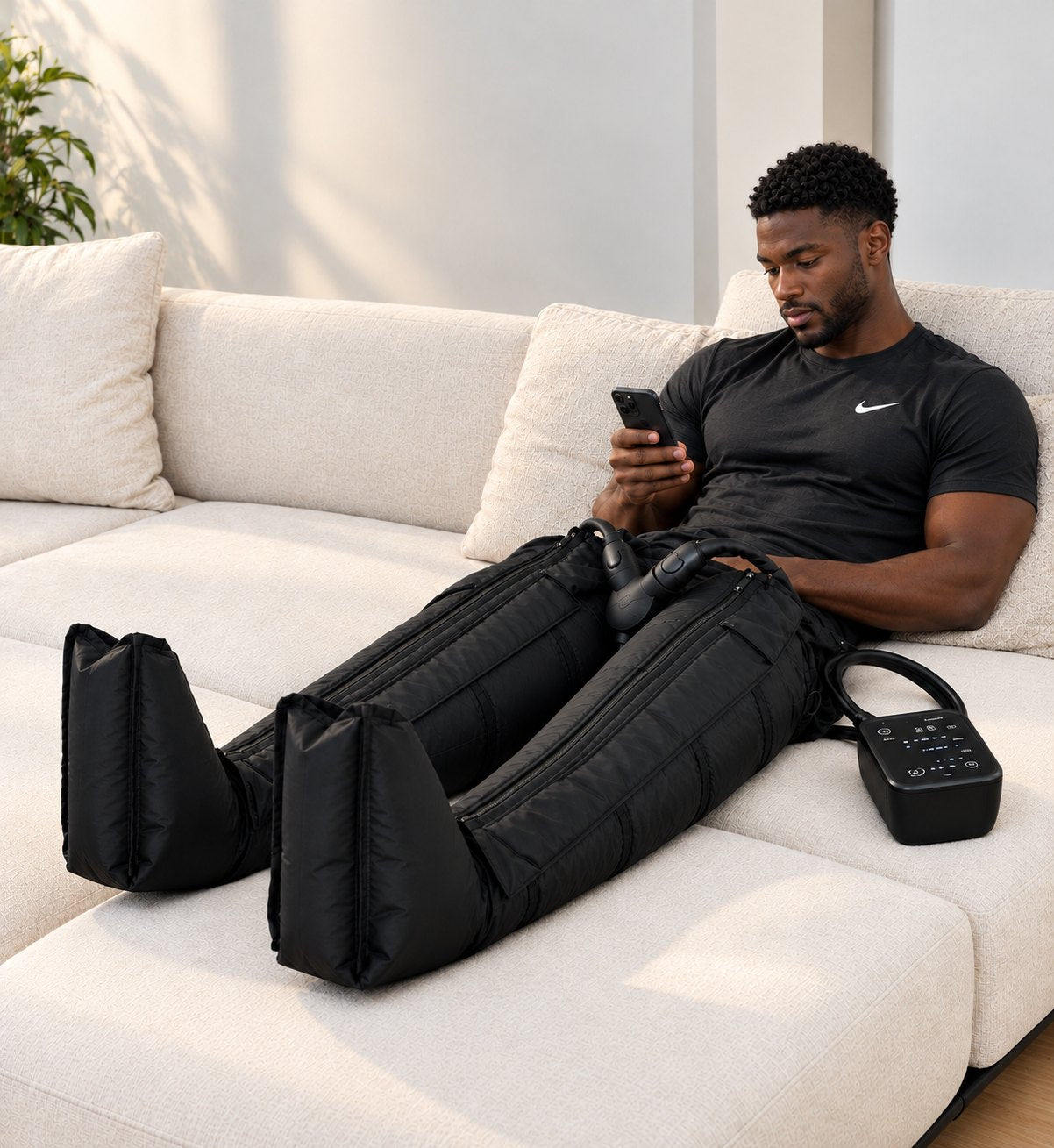Relaxing on the sofa with compression boots